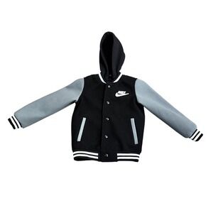 Nike Boys 4T Varsity Jacket‎ Hoodie Black Gray Snap Front Swoosh